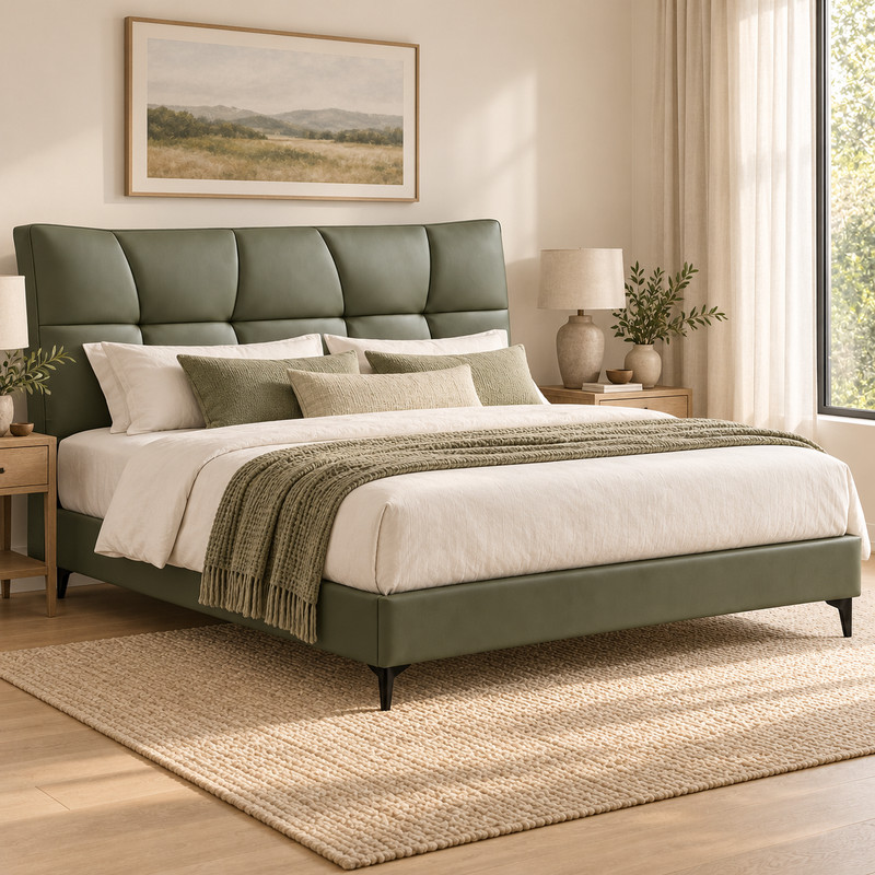 Jiani P8626 Upholstered Bed, complete styled bed display