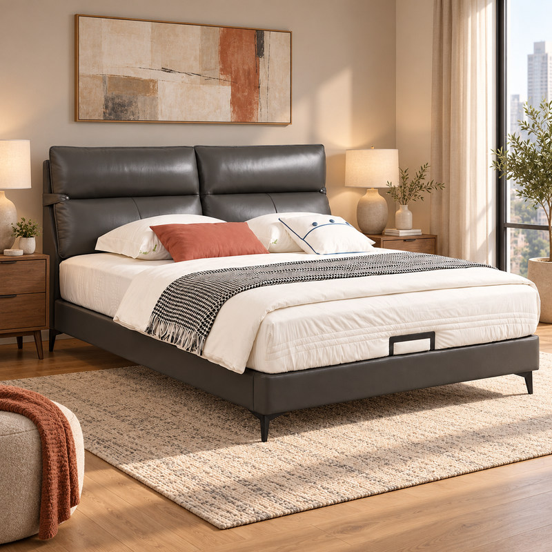 Jiani P8663-1 Upholstered Bed, complete styled bed display