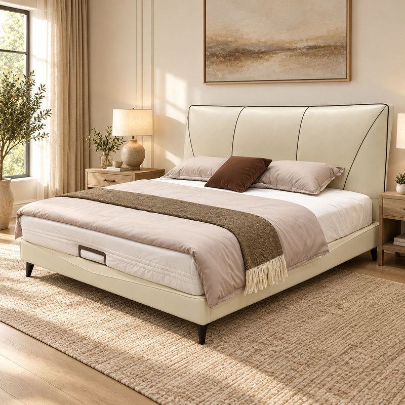 Jiani P8823 Upholstered Bed, complete styled bed display