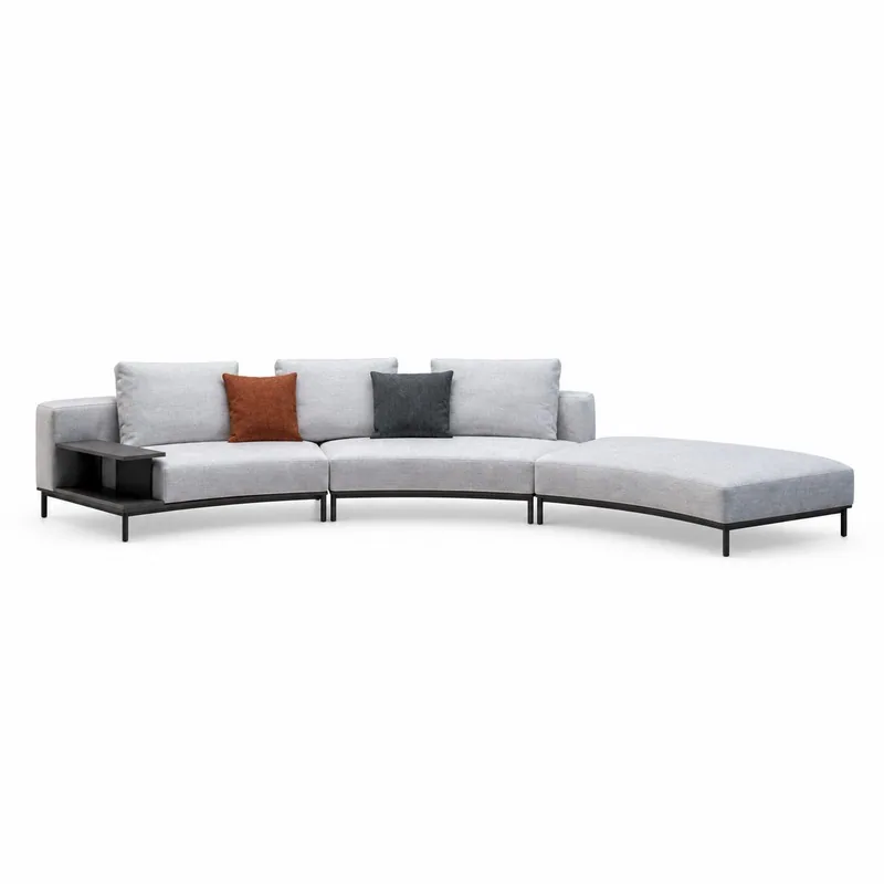 Light Gray Curved Chaise Sofa with Side Table, front product view