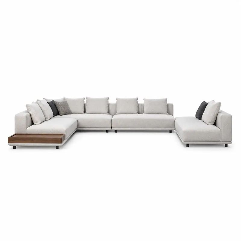 Light Gray Large U-Shaped Platform Sofa with Wood Tray, front product view