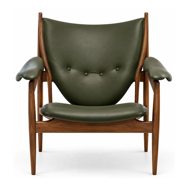 Olive Leather Walnut Frame Lounge Chair, front product view