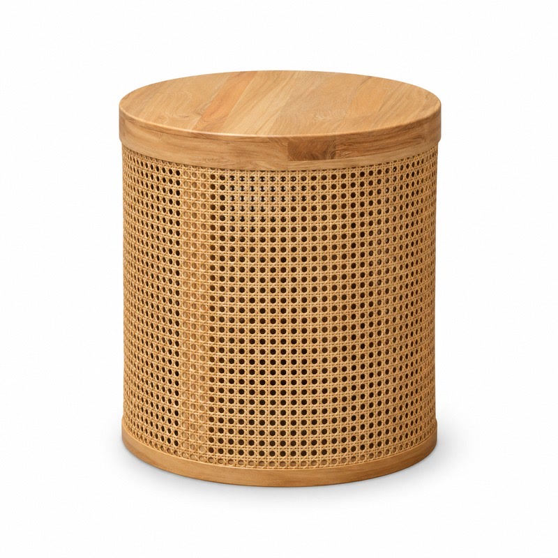 FZ Round Woven Cane Natural Cane Ash Wood Side Table, front product view