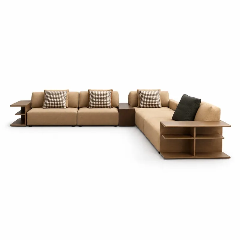 Tan L-Shaped Sofa with Dual Wood Shelves, front product view