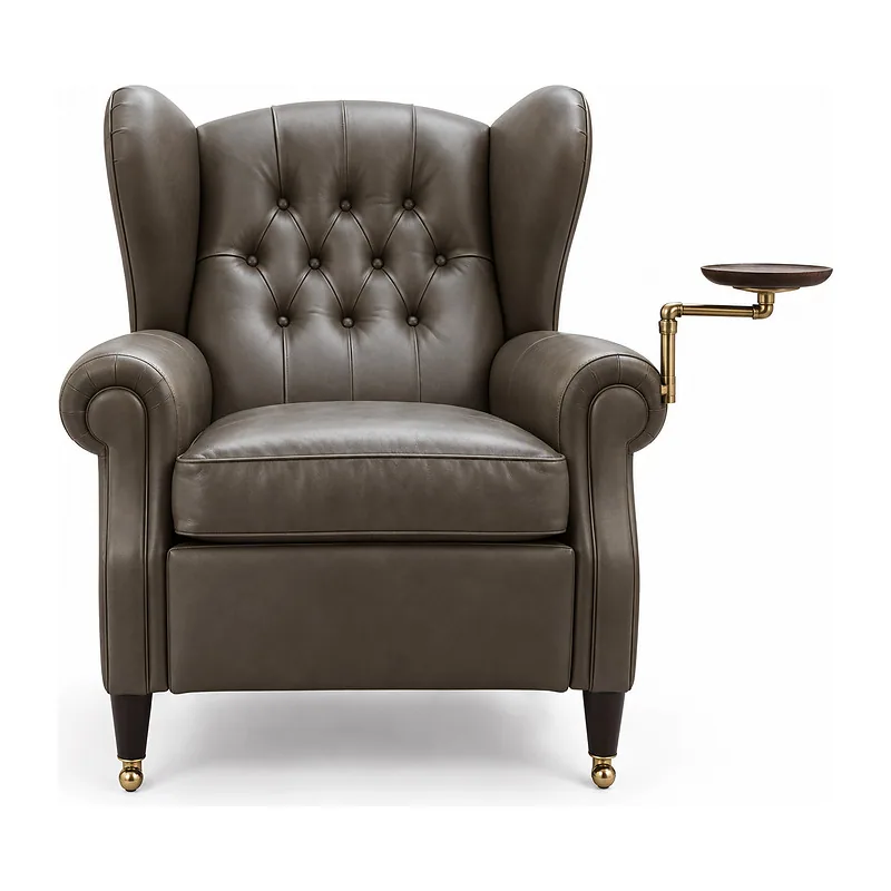 Taupe Tufted Wingback Chair with Side Tray, front product view