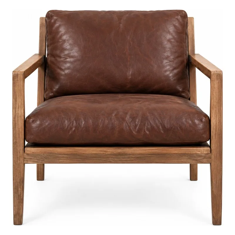 Vintage Solid Wood Leather Lounge Chair, front product view