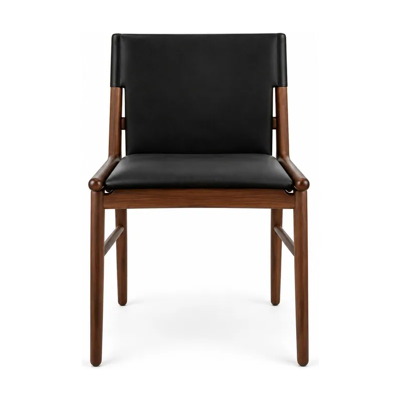 Walnut Wood Black Upholstered Armchair, front product view