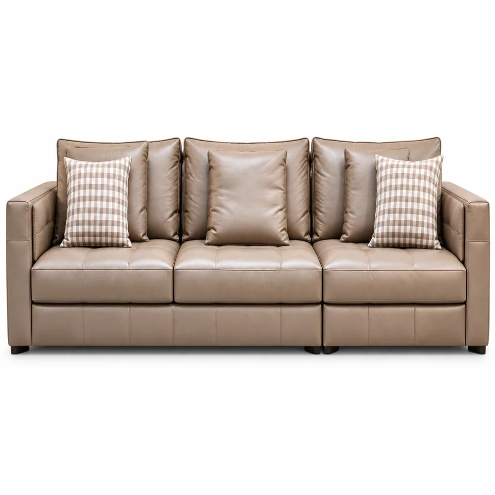 Warm Taupe Four Seat Leather Sofa with Checkered Pillows, front product view
