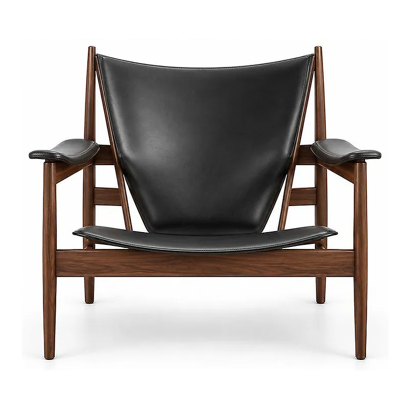 Wasili Black Leather and Walnut Sling Lounge Chair, front product view