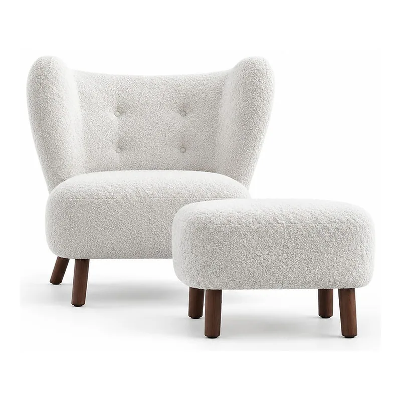 White Boucle Lounge Chair and Ottoman Set, front product view