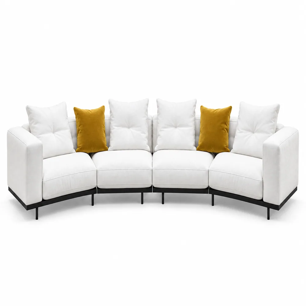 White Curved Five Seat Sectional with Mustard Pillows, front product view