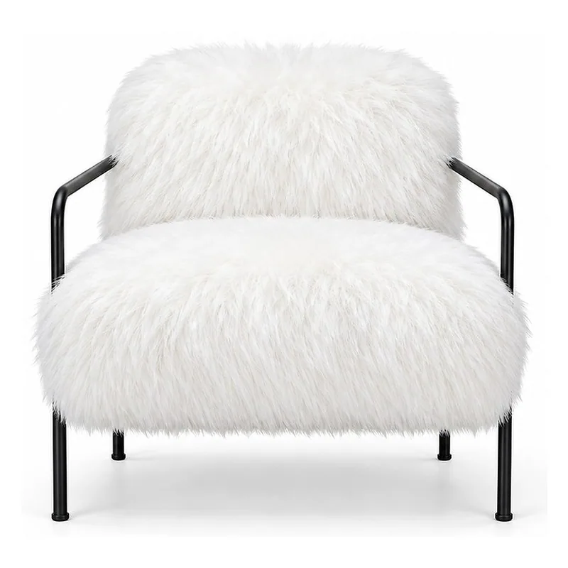 White Faux Fur Black Frame Accent Chair, front product view