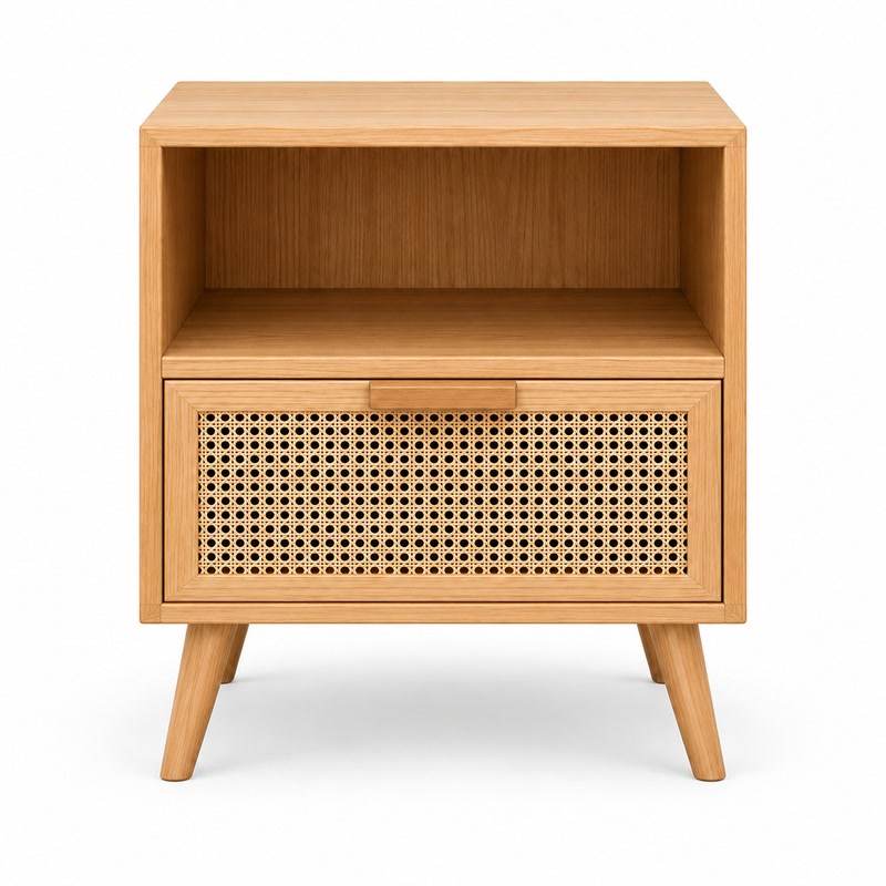 FZ Woven Cane Natural Cane Ash Wood Bedside Table, front product view