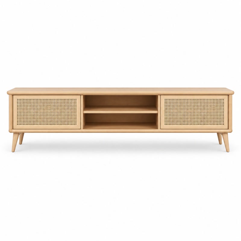 FZ Woven Cane Natural Cane Ash Wood TV Stand, front product view