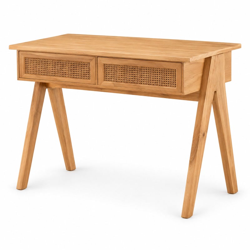 FZ Woven Cane Natural Cane Ash Wood Writing Desk, front product view