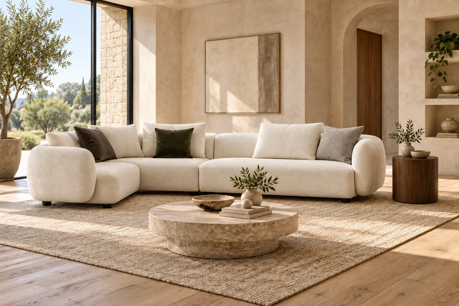 Residential furniture setting showing how its materials and palette relate to the room