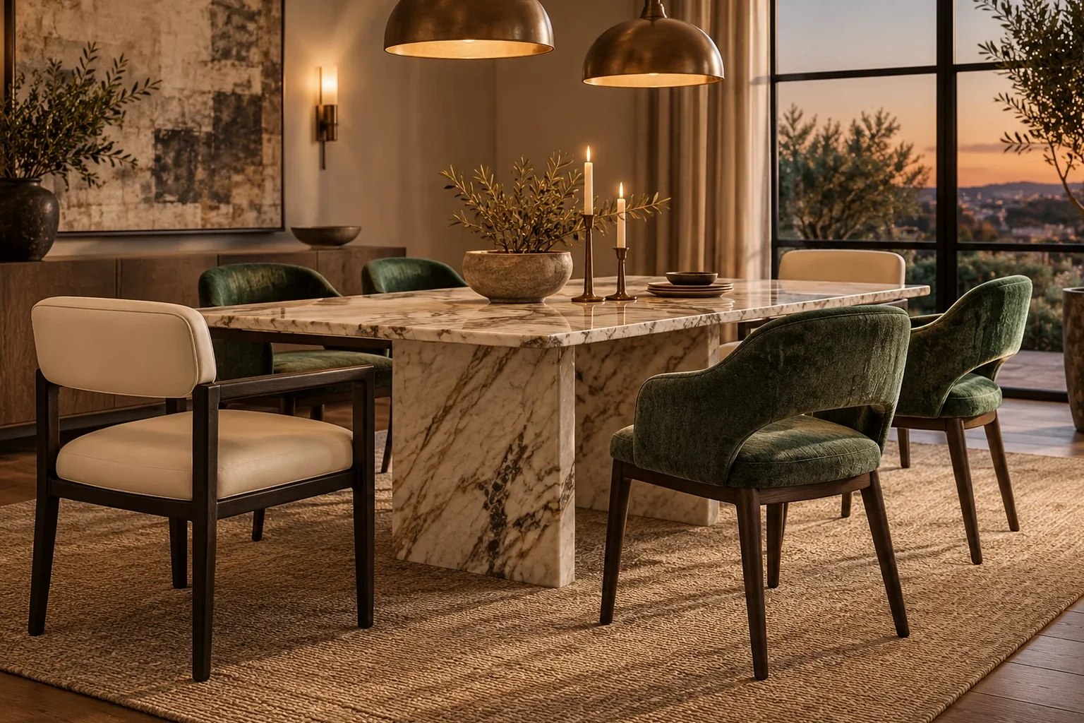 Residential furniture setting showing how its materials and palette relate to the room