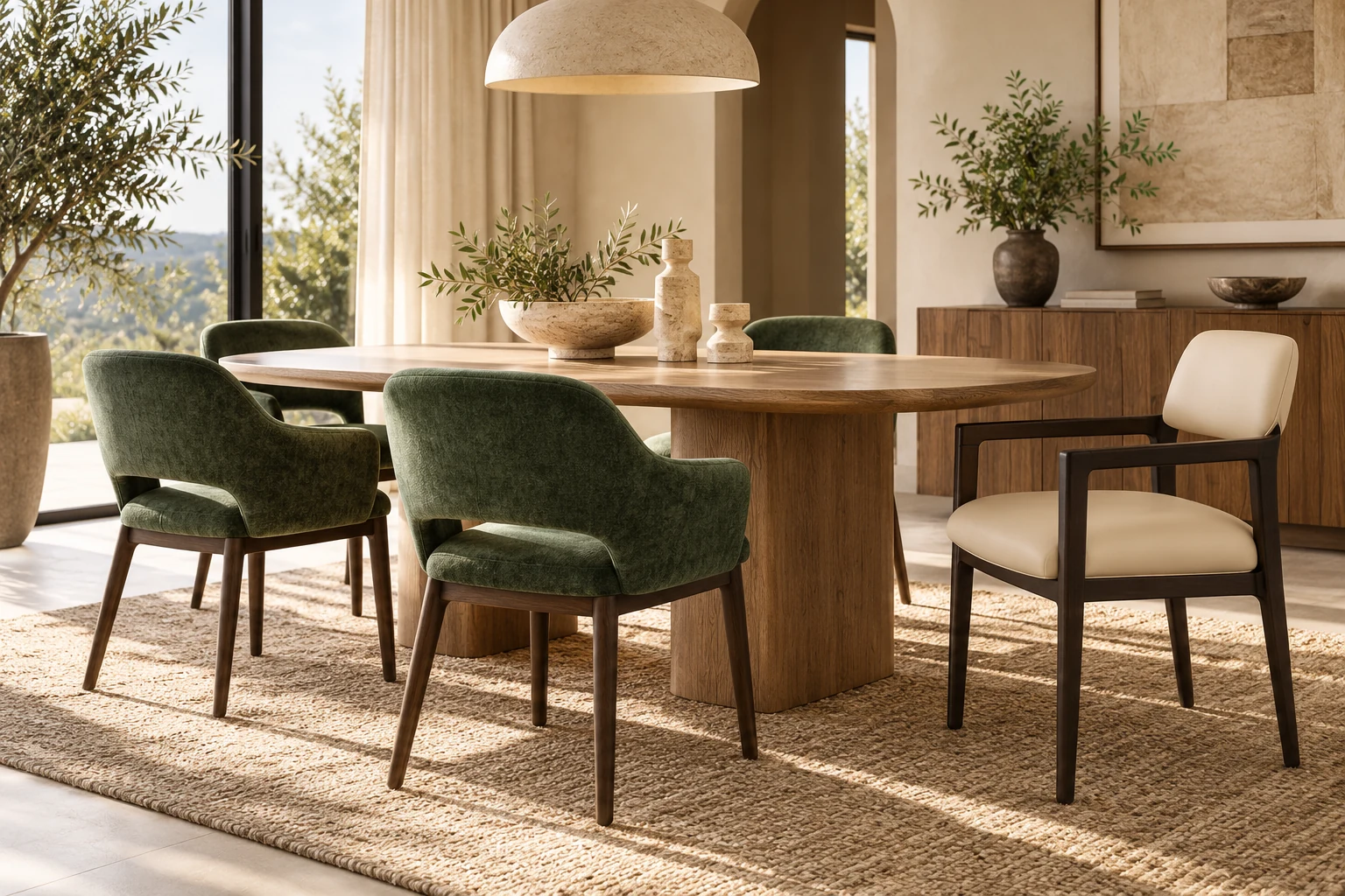 Residential furniture setting showing how its materials and palette relate to the room
