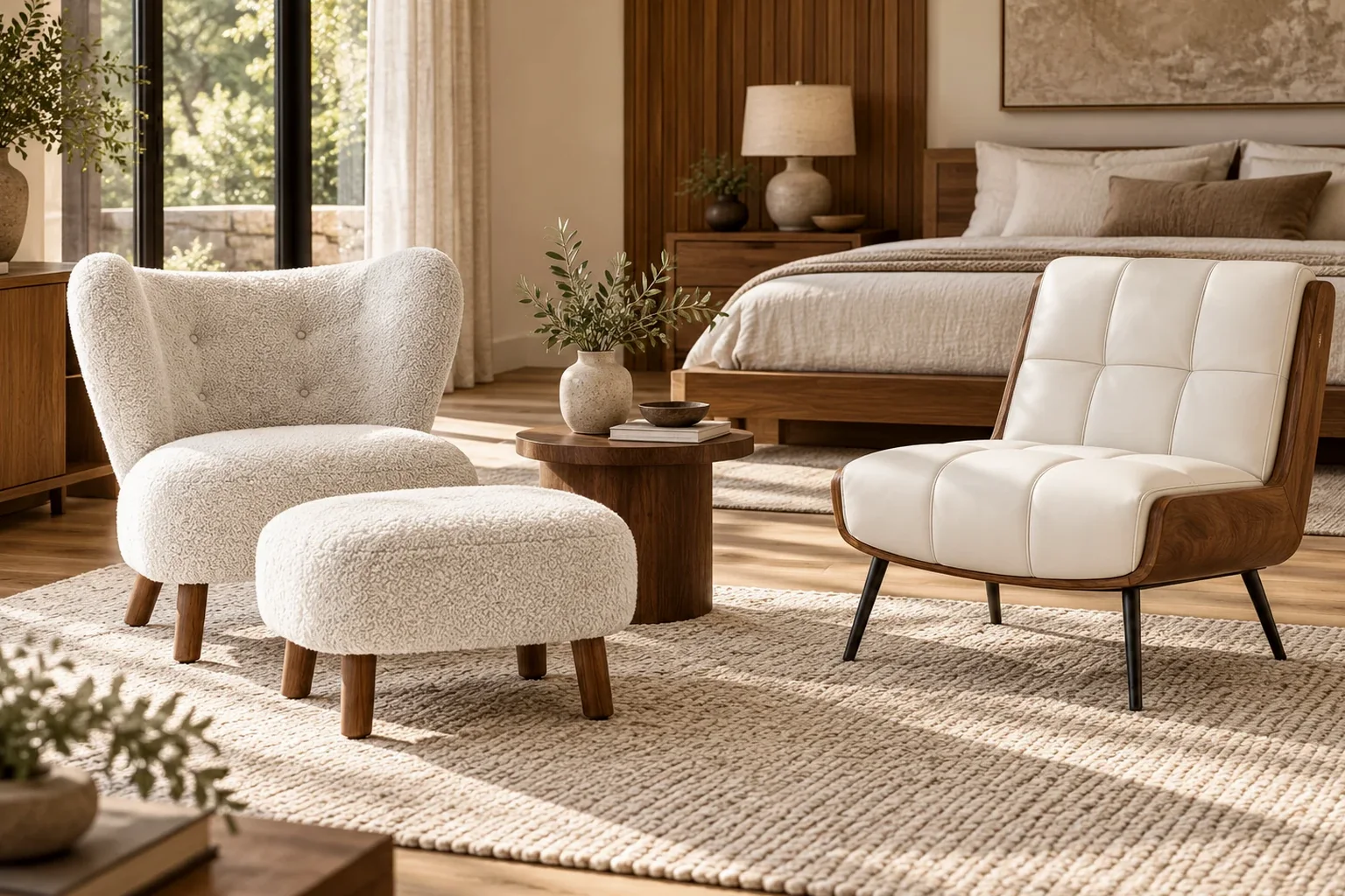 Residential furniture setting showing how its materials and palette relate to the room