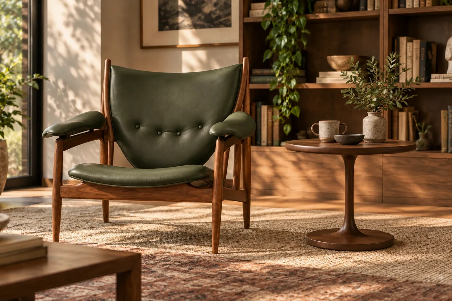 Residential furniture setting showing how its materials and palette relate to the room
