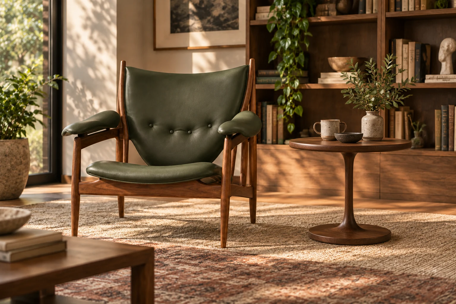 Olive leather and walnut, a residential furniture visualization