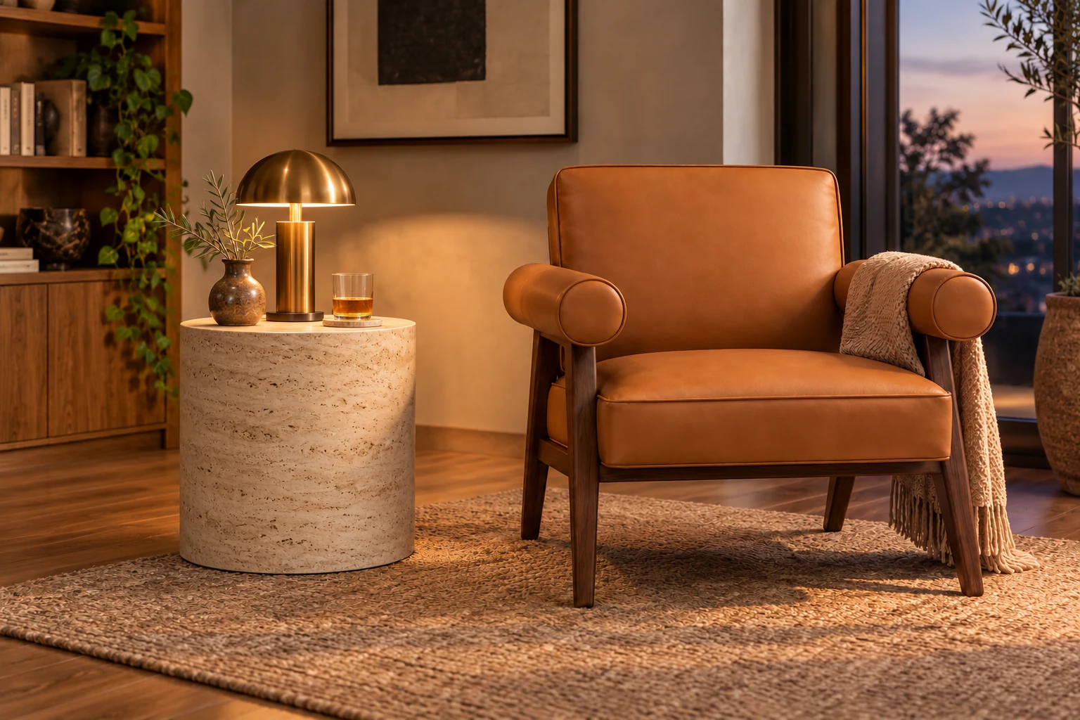 Residential furniture setting showing how its materials and palette relate to the room