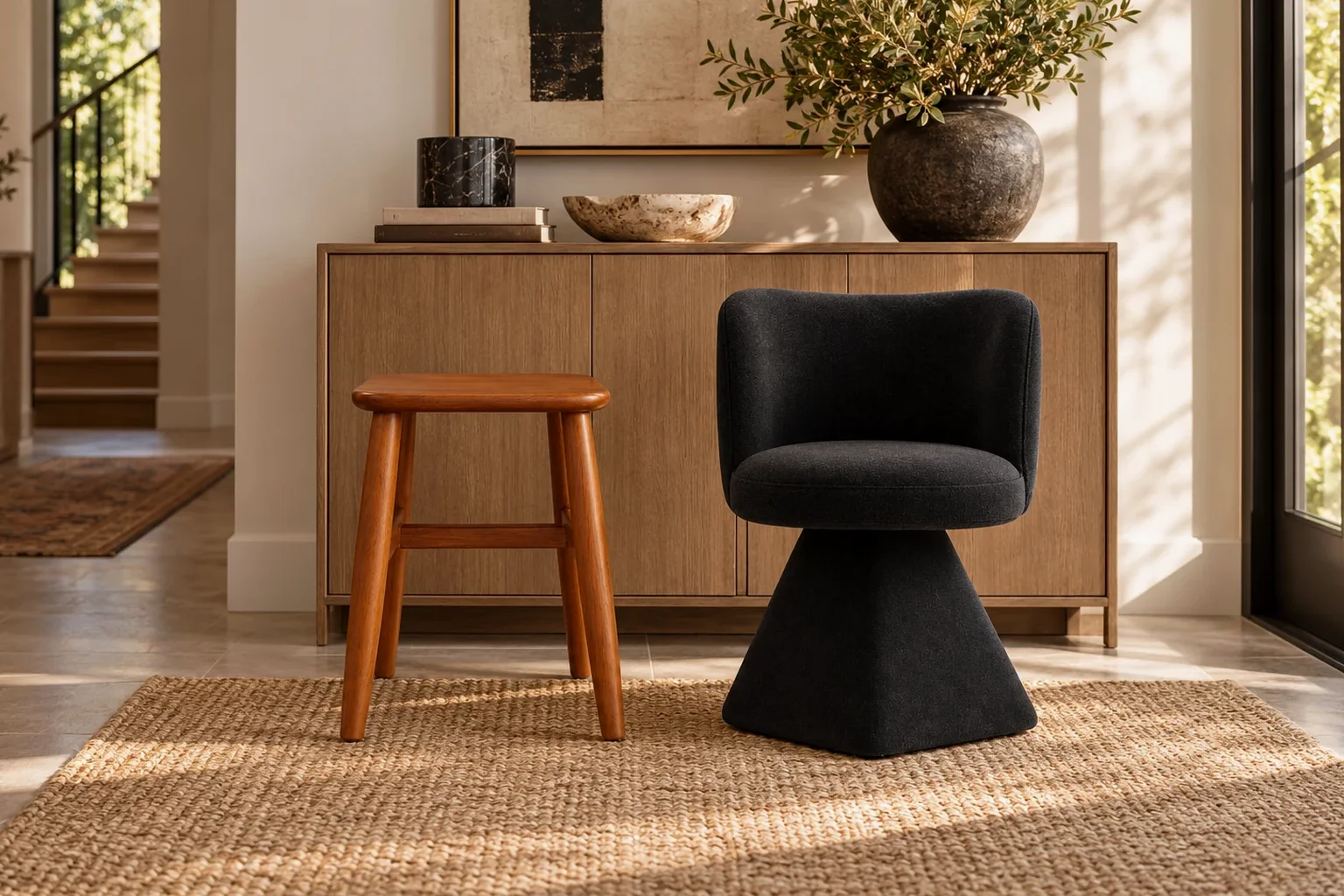 Residential furniture setting showing how its materials and palette relate to the room