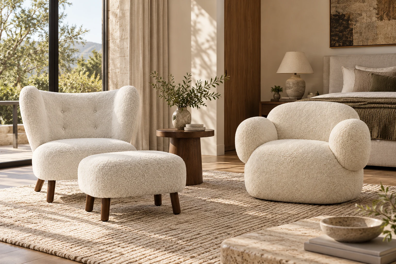 Material palette across a room, a residential furniture visualization