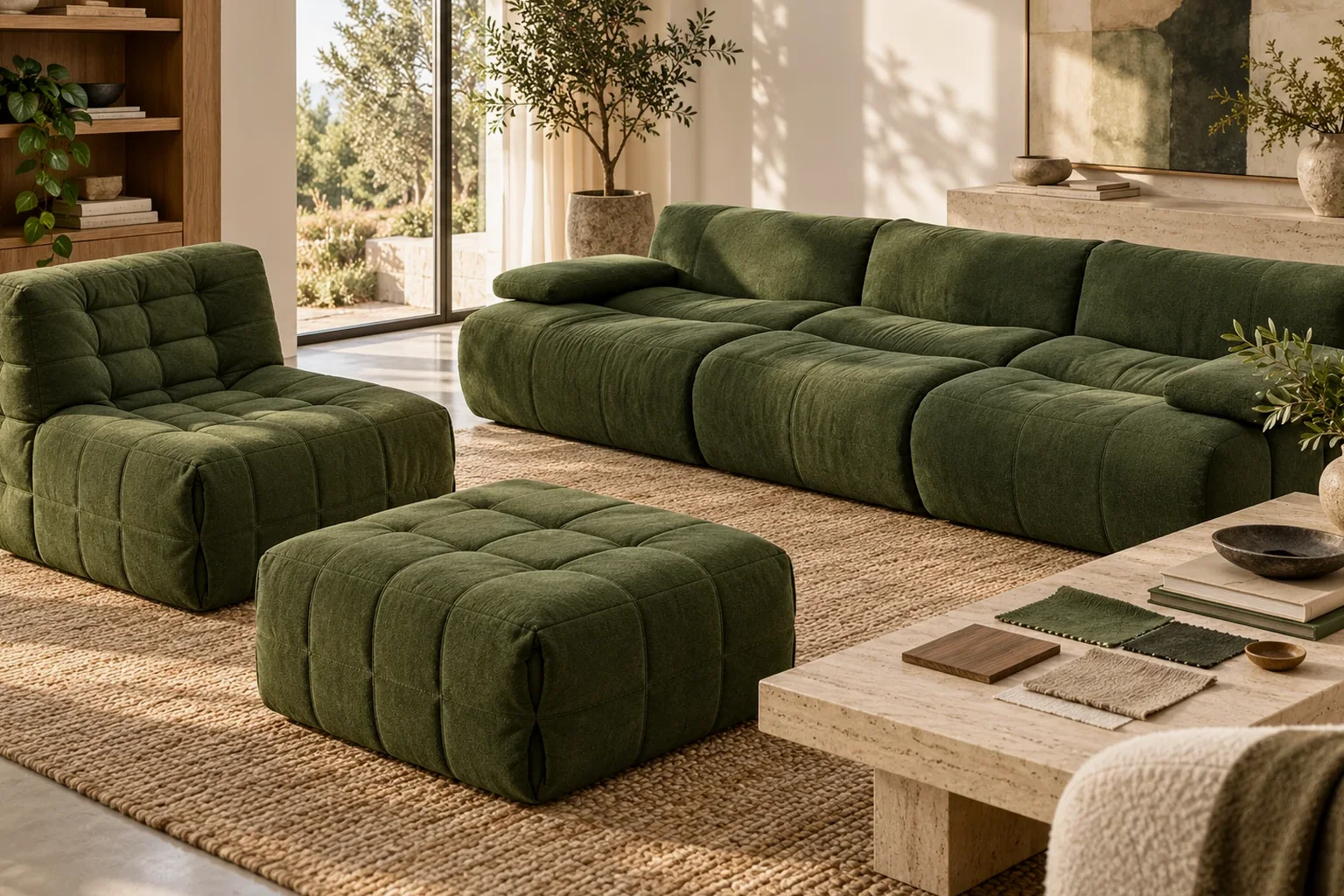 Residential furniture setting showing how its materials and palette relate to the room