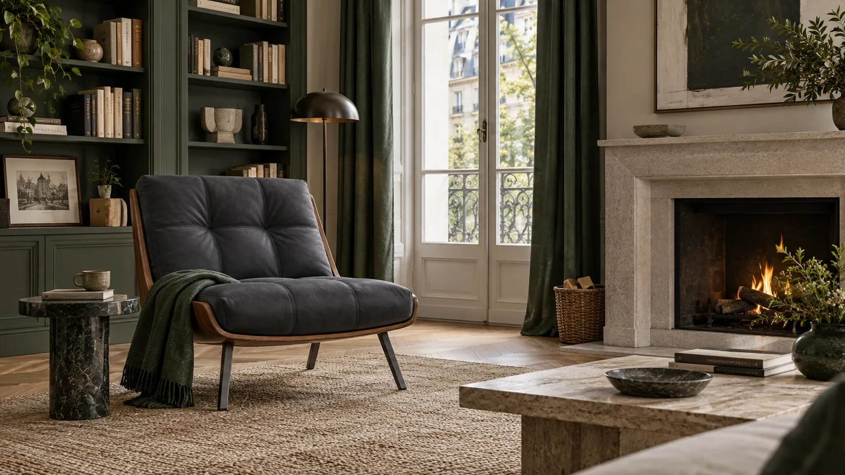 A European reading room by the fireplace, a residential furniture visualization