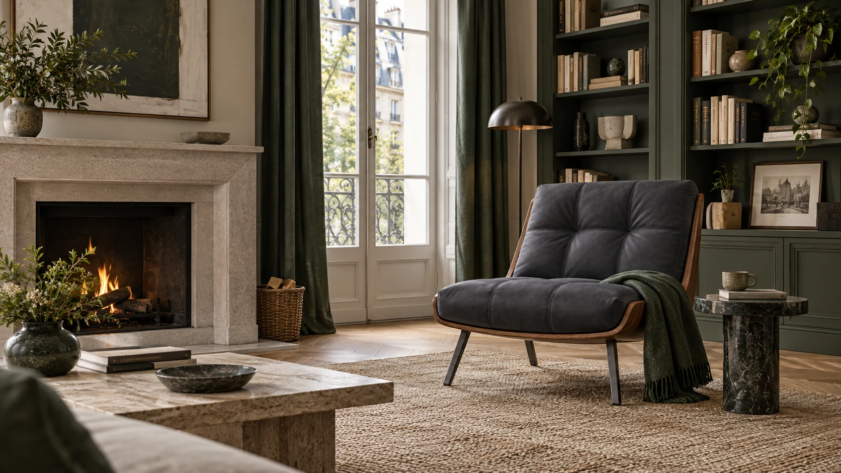 A European reading room by the fireplace, a residential furniture visualization