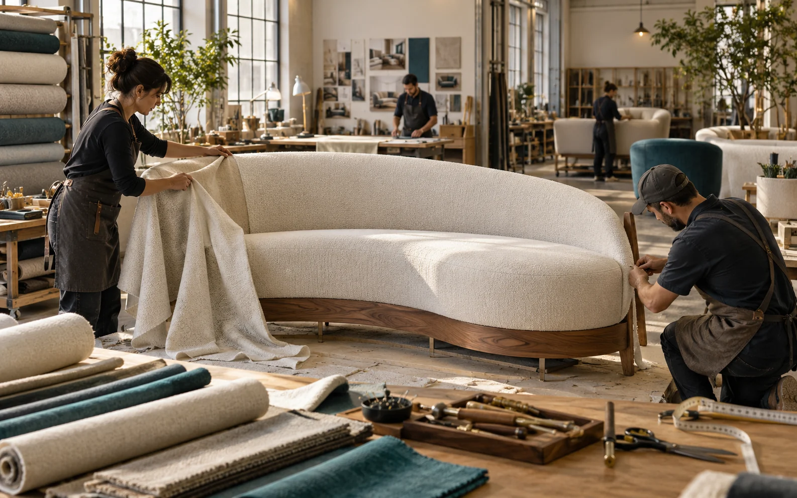 Furniture makers measuring and upholstering a curved custom sofa