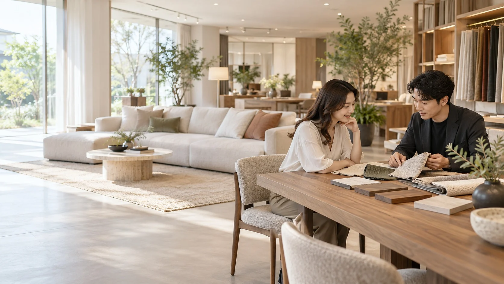 A furniture consultation in a bright panoramic residential interior
