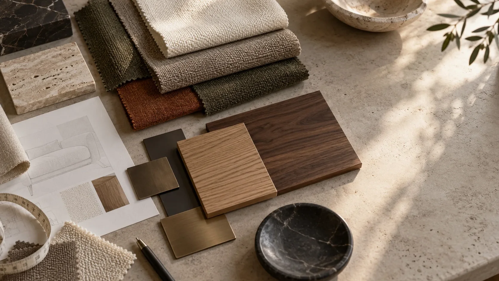 Upholstery, timber, stone and metal references used to define a furniture brief