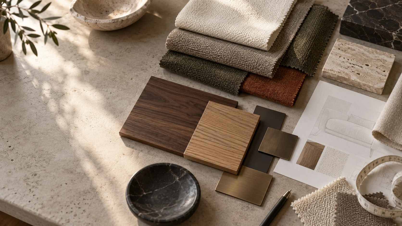 Residential furniture material direction with upholstery, timber, stone and metal samples
