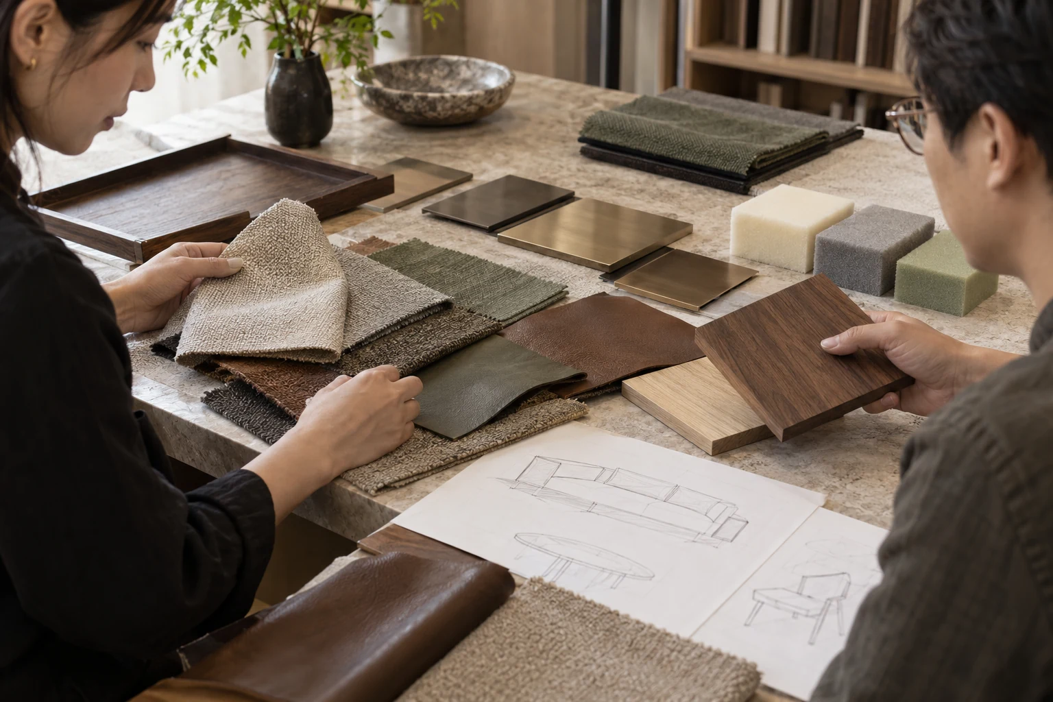 Furniture fabric, timber and finish samples compared against a room plan