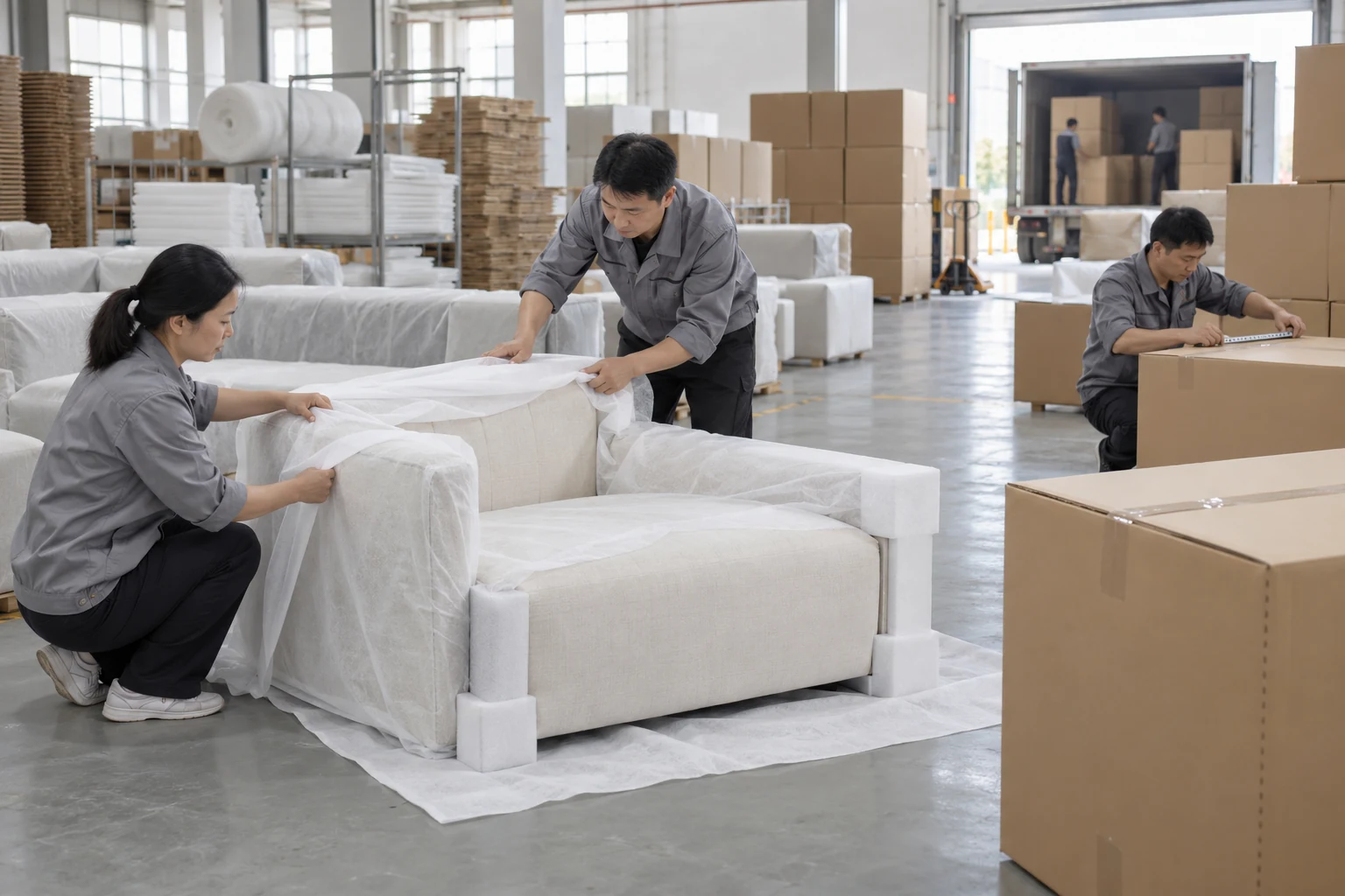 Protective furniture packaging prepared before freight shipment