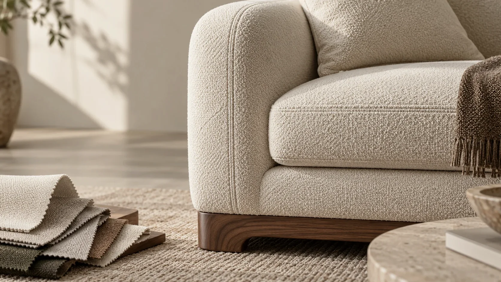 Upholstered sofa seam, cushion and timber base detail