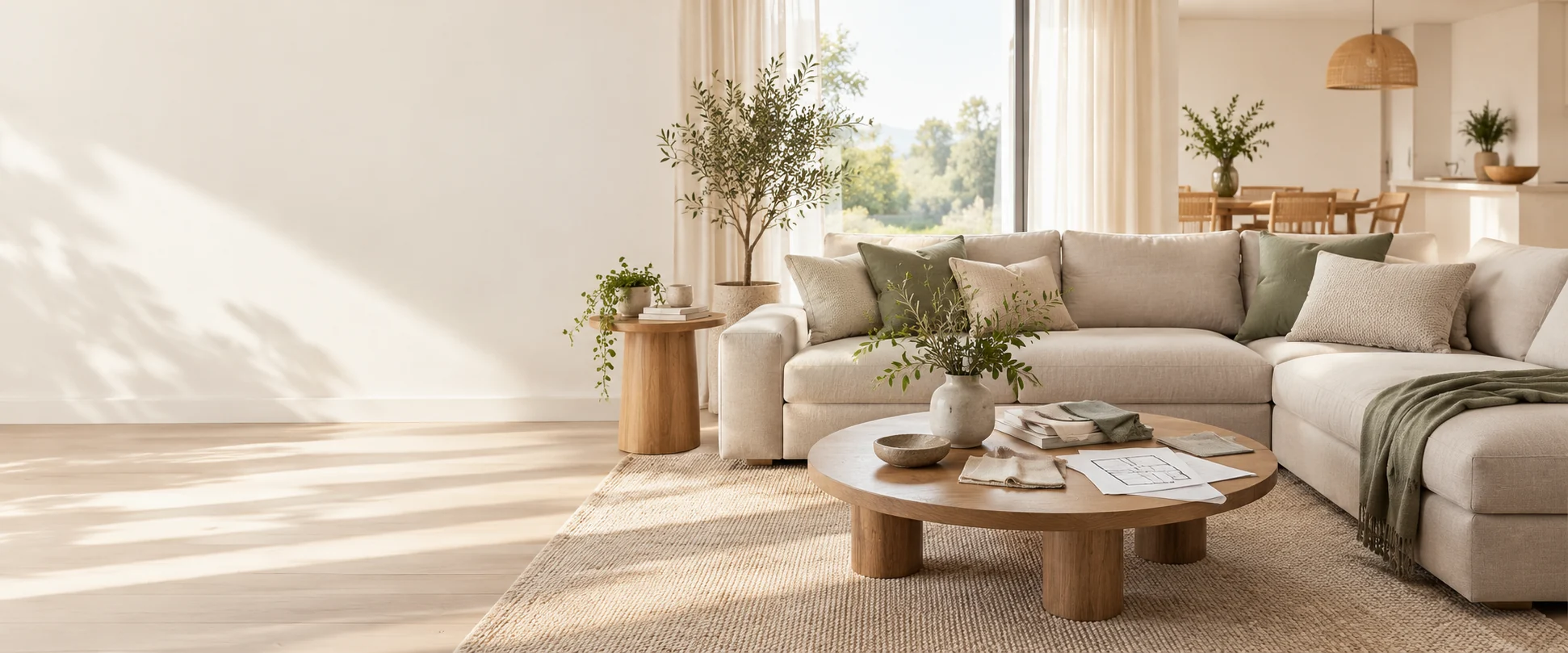 Bright living-room furniture planning scene with a sofa and material samples